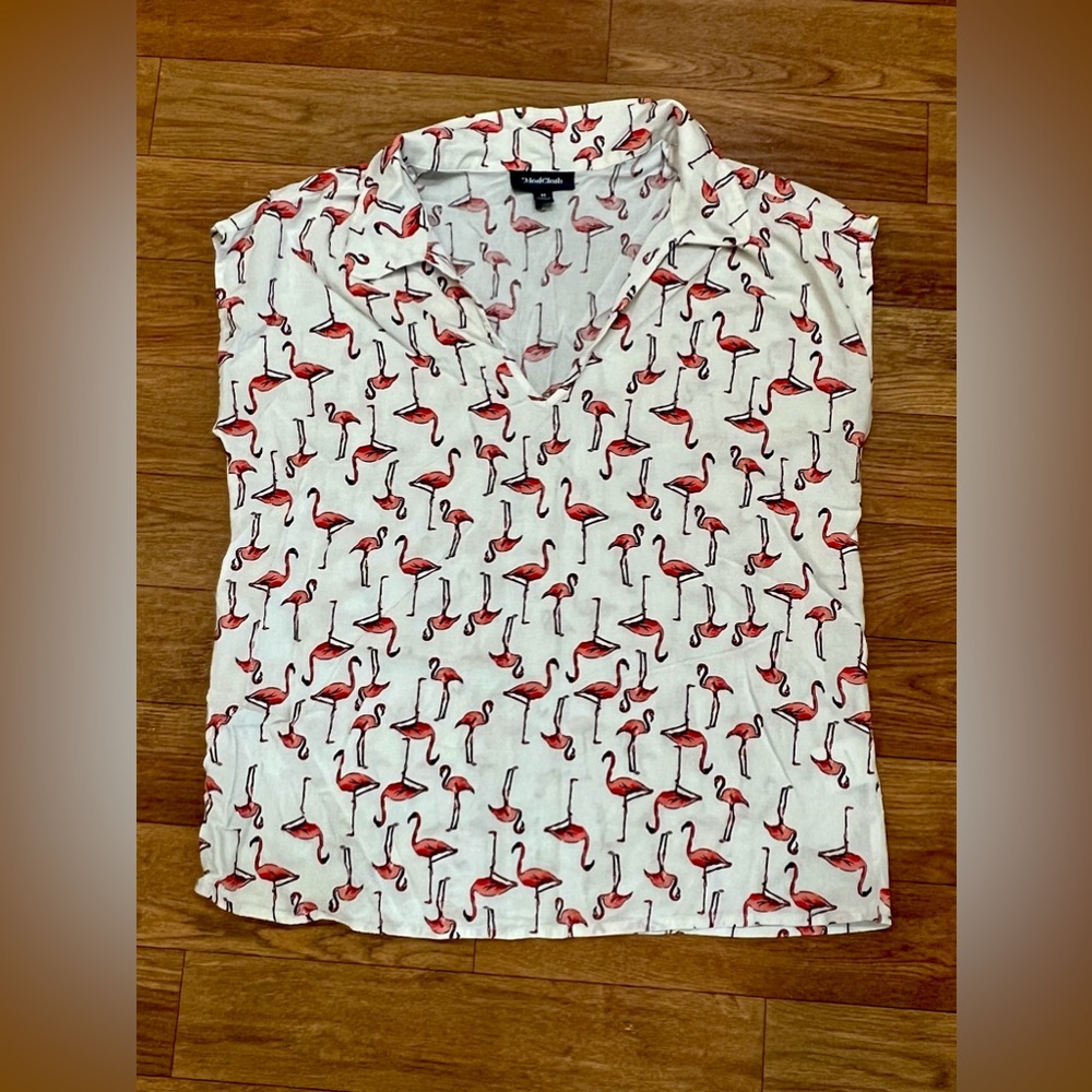 ModCloth White Blouse with Pink Flamingo Print